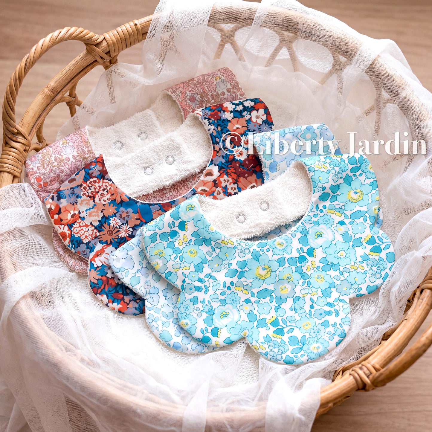 Liberty London Scallop Bibs, Organic Cotton Flower Print, Baby Drool Catcher (Set of 4)