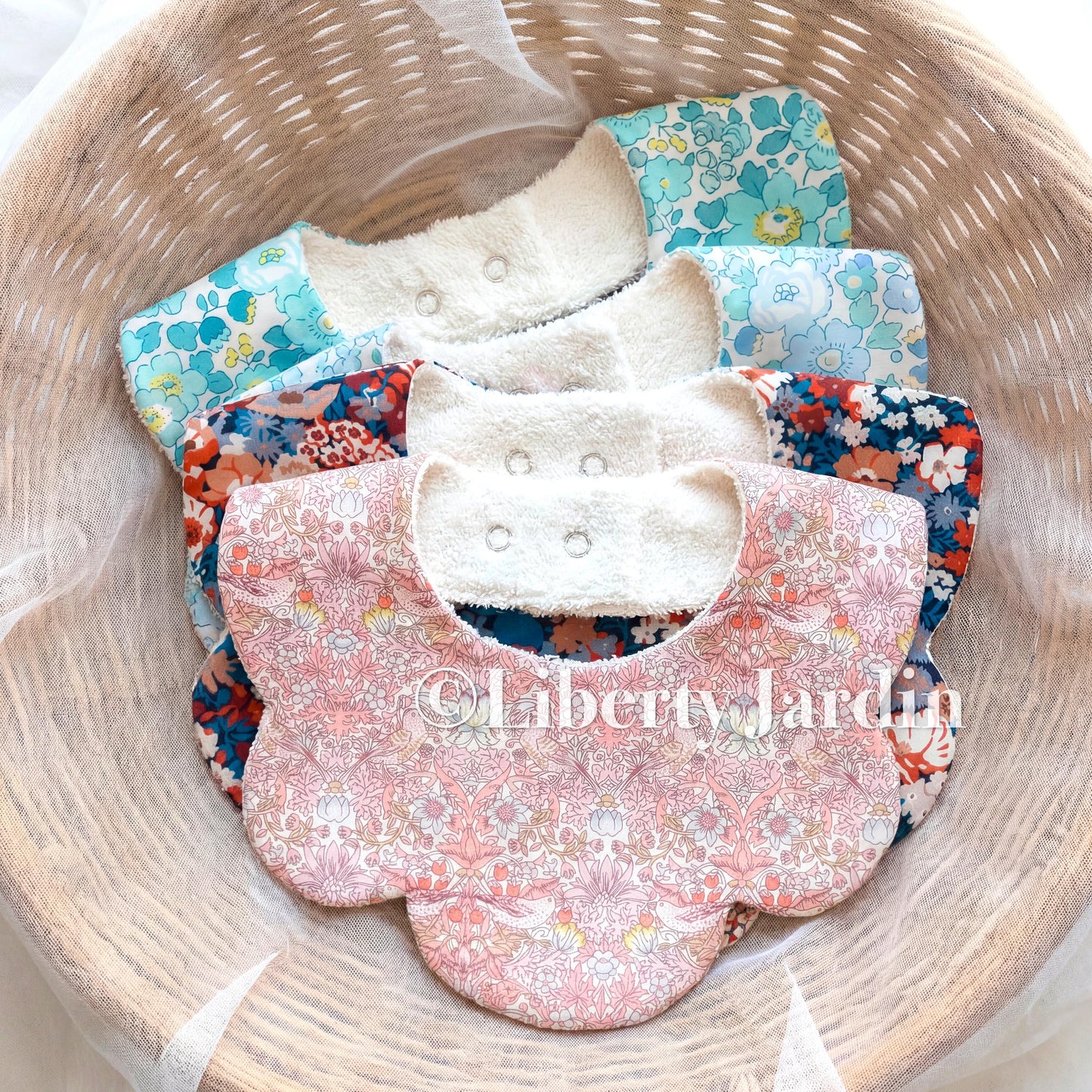 Liberty London Scallop Bibs, Organic Cotton Flower Print, Baby Drool Catcher (Set of 4)