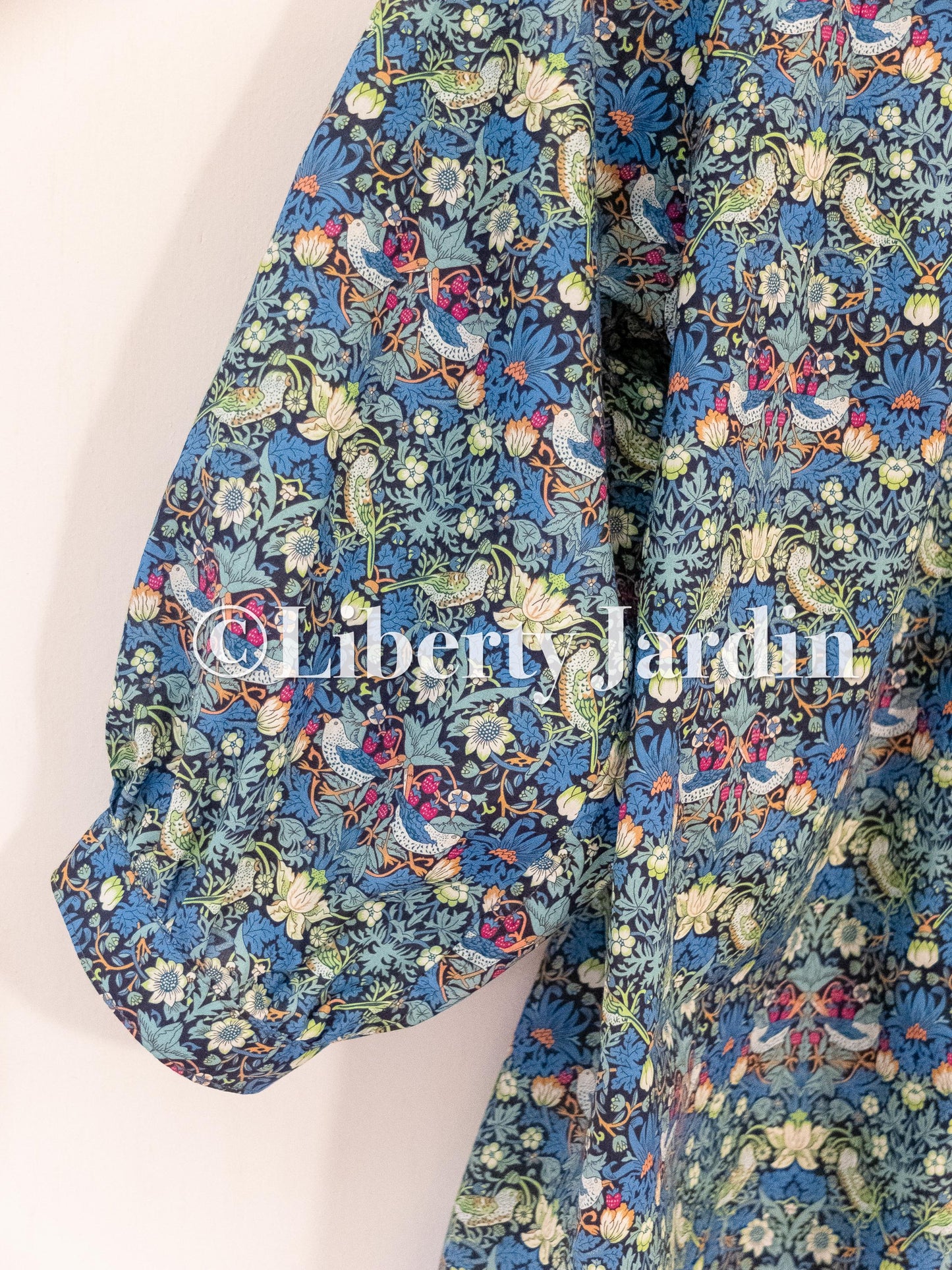 Liberty London Mandarin Collared Blouse, Bespoke Cotton Shirt, Botanical Print, 3/4 Sleeves