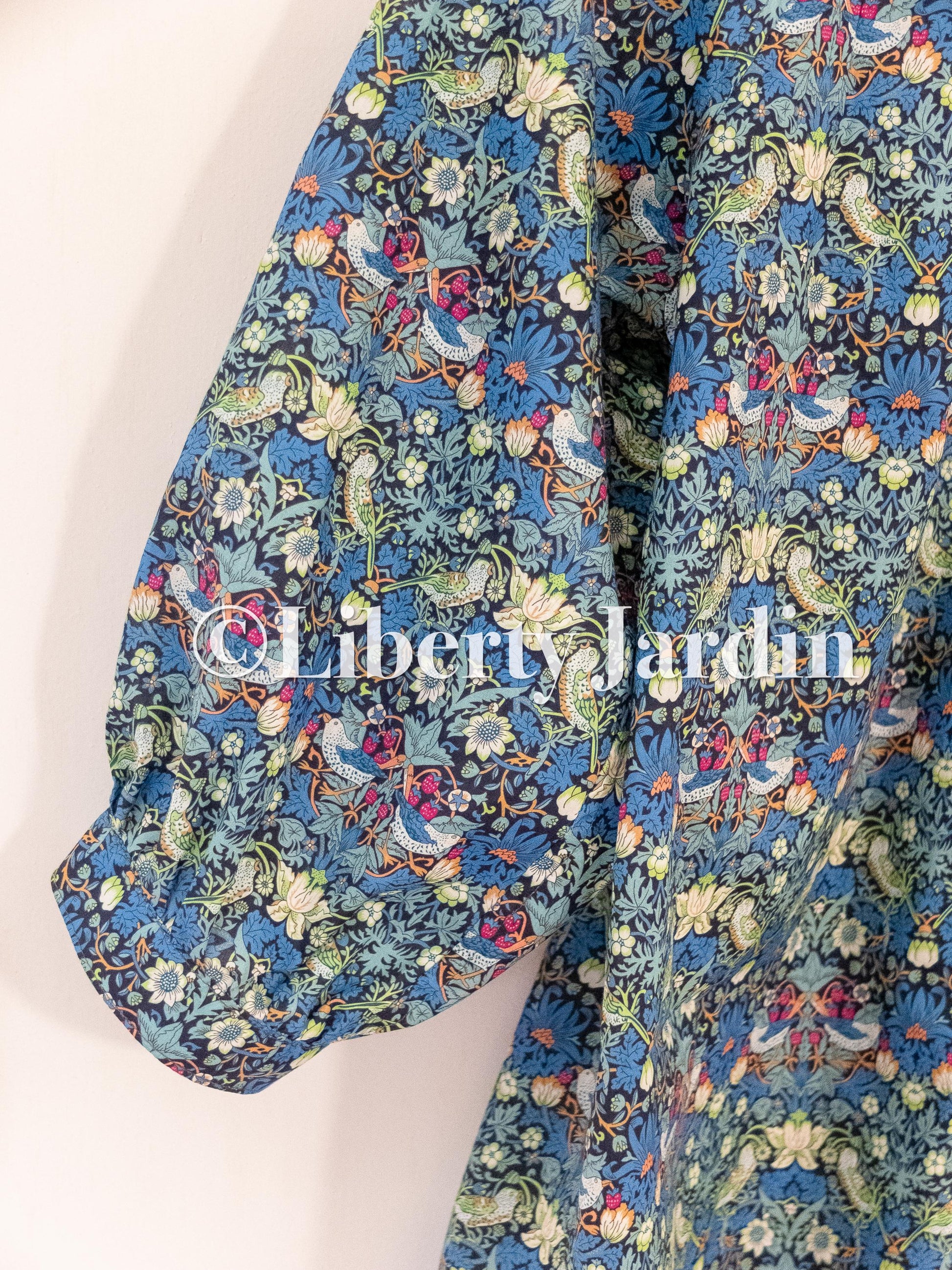 Liberty London Mandarin Collared Blouse, Bespoke Cotton Shirt, Botanical Print, 3/4 Sleeves