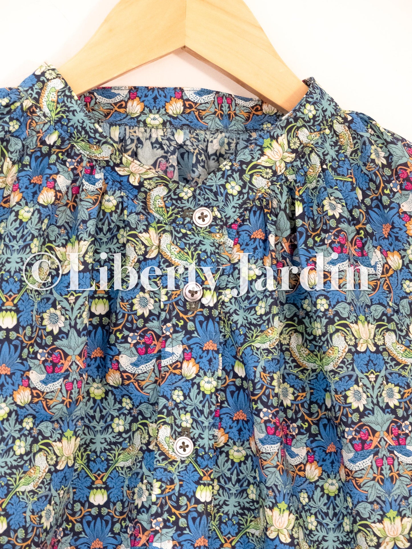 Liberty London Mandarin Collared Blouse, Bespoke Cotton Shirt, Botanical Print, 3/4 Sleeves