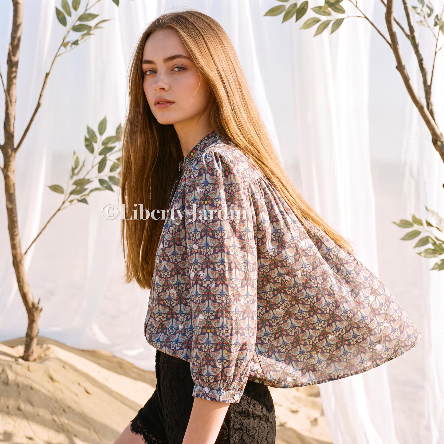 Liberty London Crop-top Blouse, Handmade Ethical-wear, Sustainable Clothing, Personalised Womenswear, Mandarin Collared Button-up Sleeves