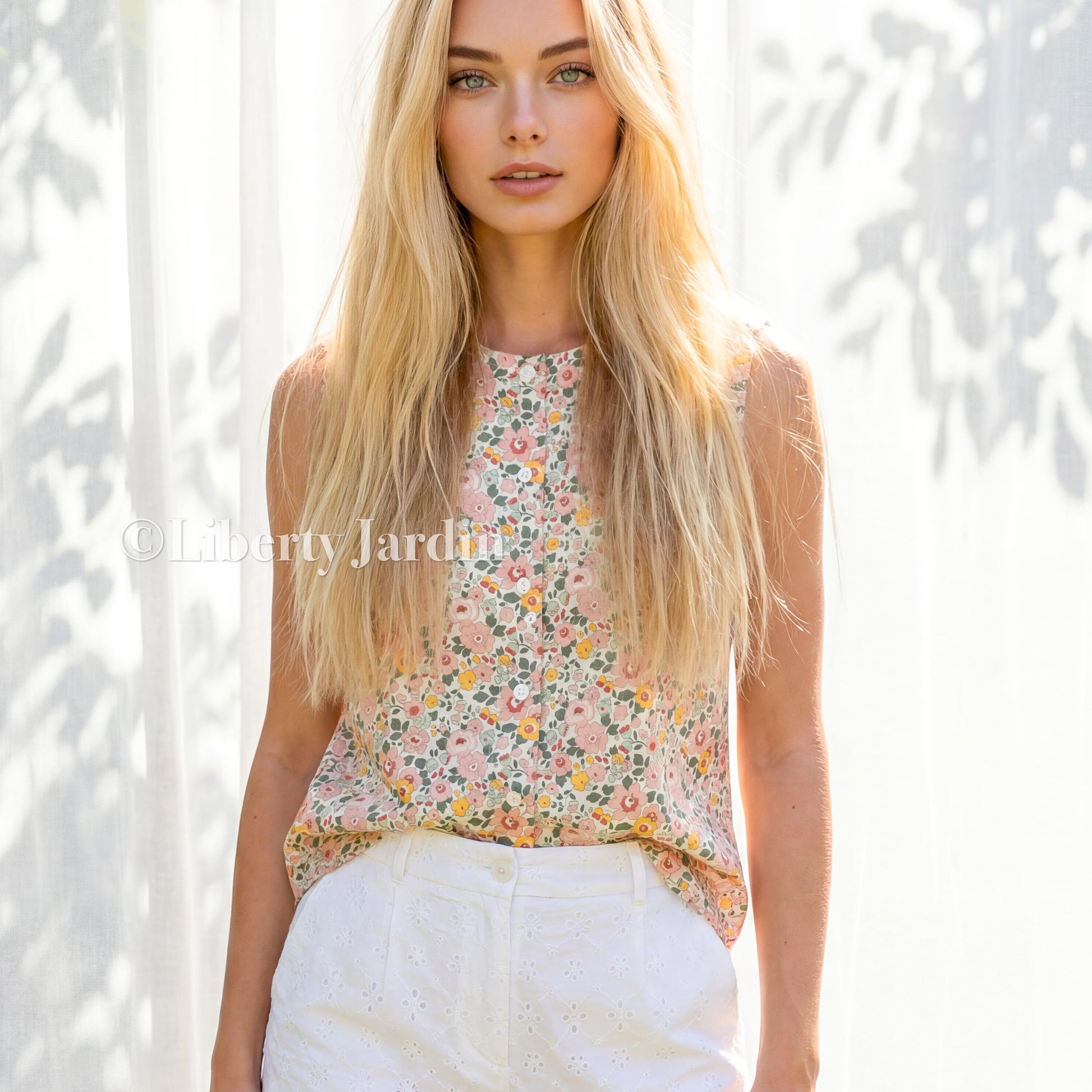 Liberty London Botanical Cotton Blouse, Sleeveless Button-Up Top, Bespoke Tailoring Shirt, Botanical Handmade Clothing