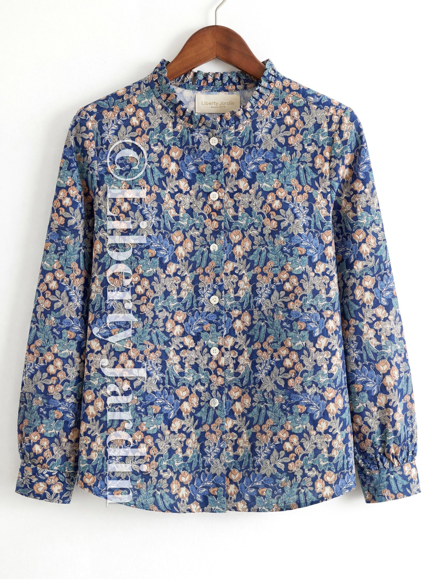 Liberty London Ruffle Collared Long Sleeves Button-up Blouse, Personalised Cotton Chemise, Handmade Sustainable Womenswear