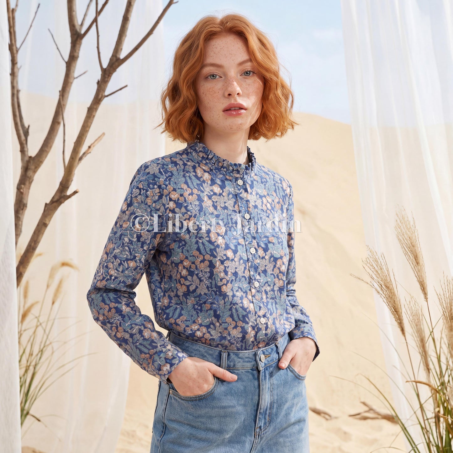 Liberty London Ruffle Collared Long Sleeves Button-up Blouse, Personalised Cotton Chemise, Handmade Sustainable Womenswear