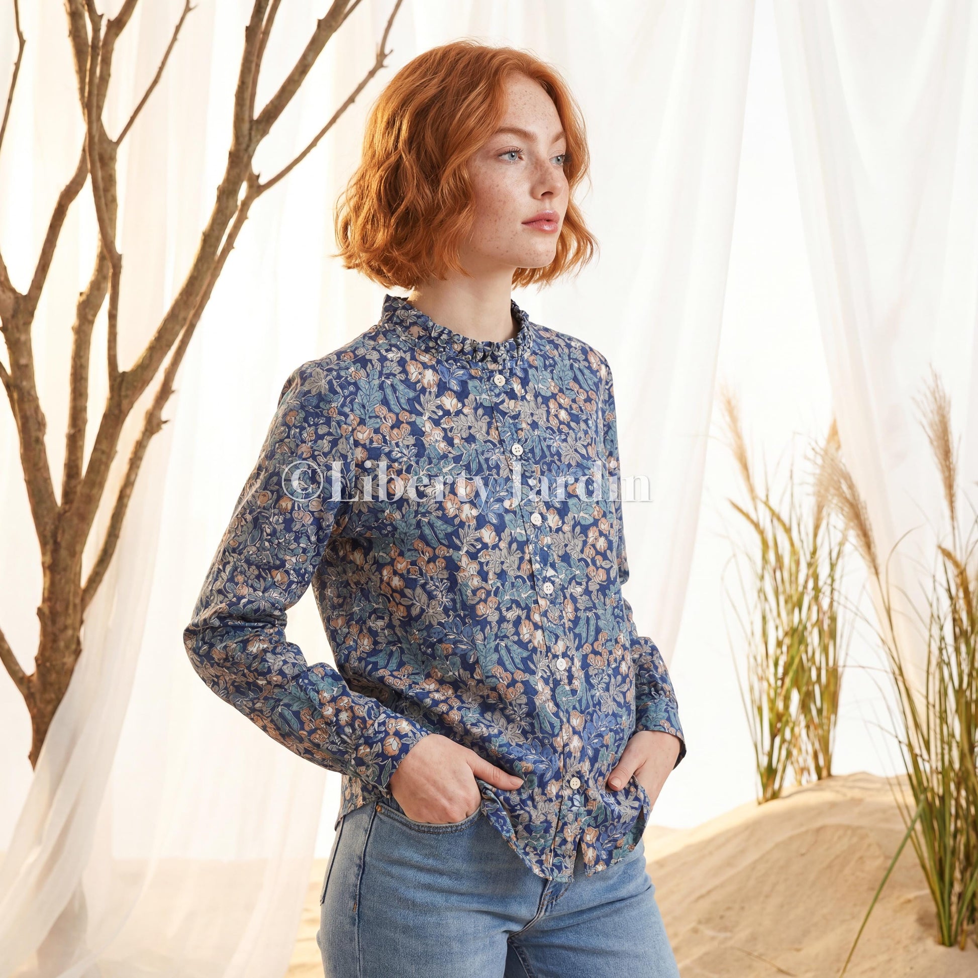 Liberty London Ruffle Collared Long Sleeves Button-up Blouse, Personalised Cotton Chemise, Handmade Sustainable Womenswear