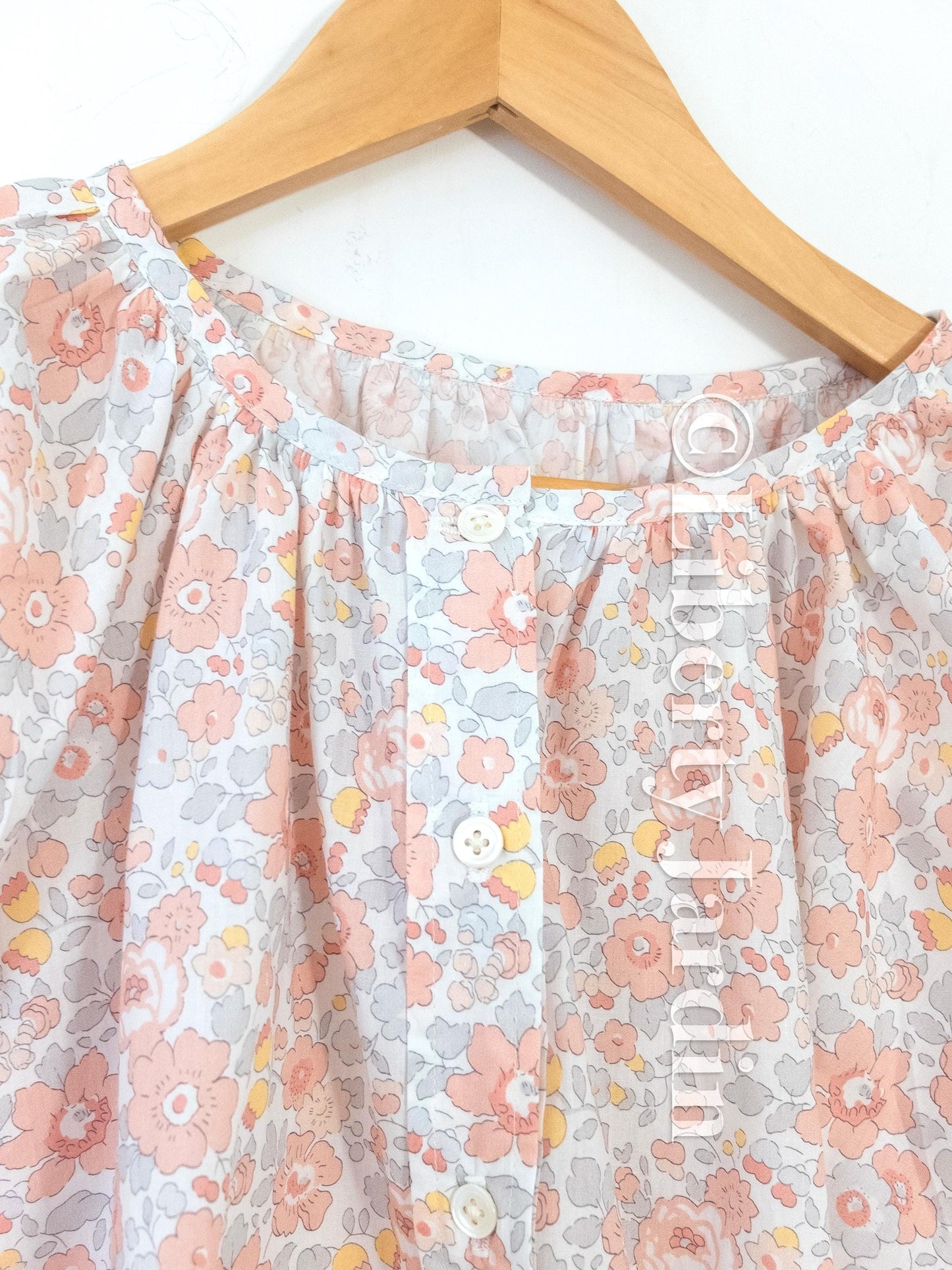 Liberty London Gathered Blouse, 3/4 Bishop Sleeves Shirt, Handcrafted Tailoring Clothing, Button-up Botanical Chemise, Handmade Personalised