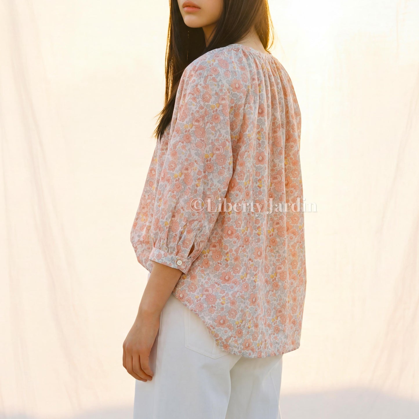 Liberty London Gathered Blouse, 3/4 Bishop Sleeves Shirt, Handcrafted Tailoring Clothing, Button-up Botanical Chemise, Handmade Personalised
