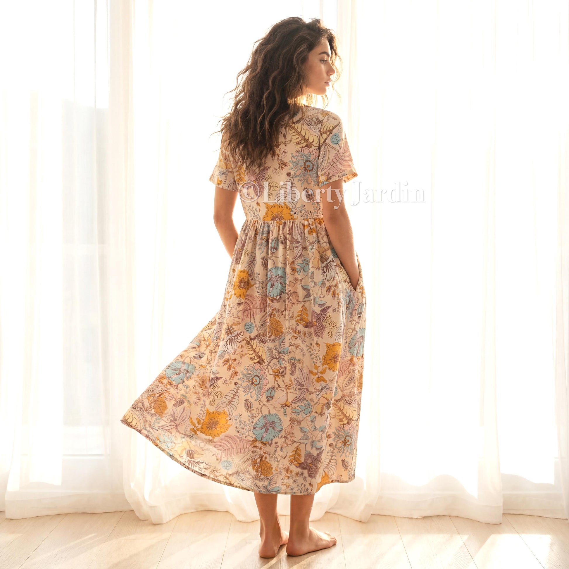 Liberty Jardin Cotton Midi Dress, Botanical Print Short Sleeve Sundress, Handmade Personalised Sustainable Clothing