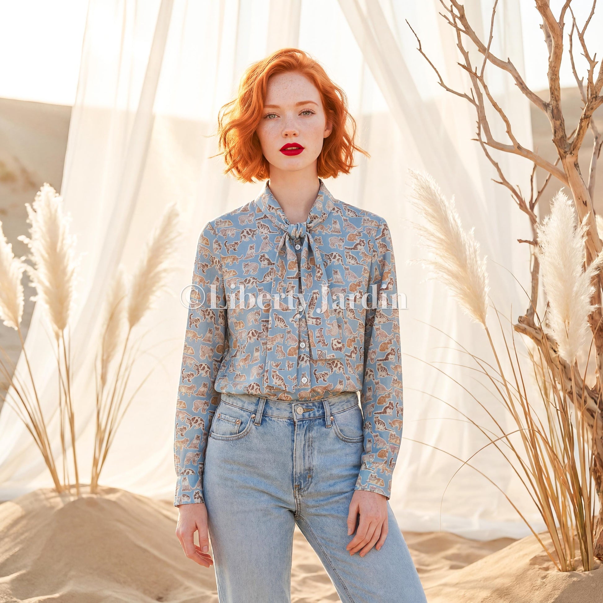 Long Sleeves Pussy Bow Blouse, Handmade Woman Shirt, Custom Made Top With Liberty London Fabric