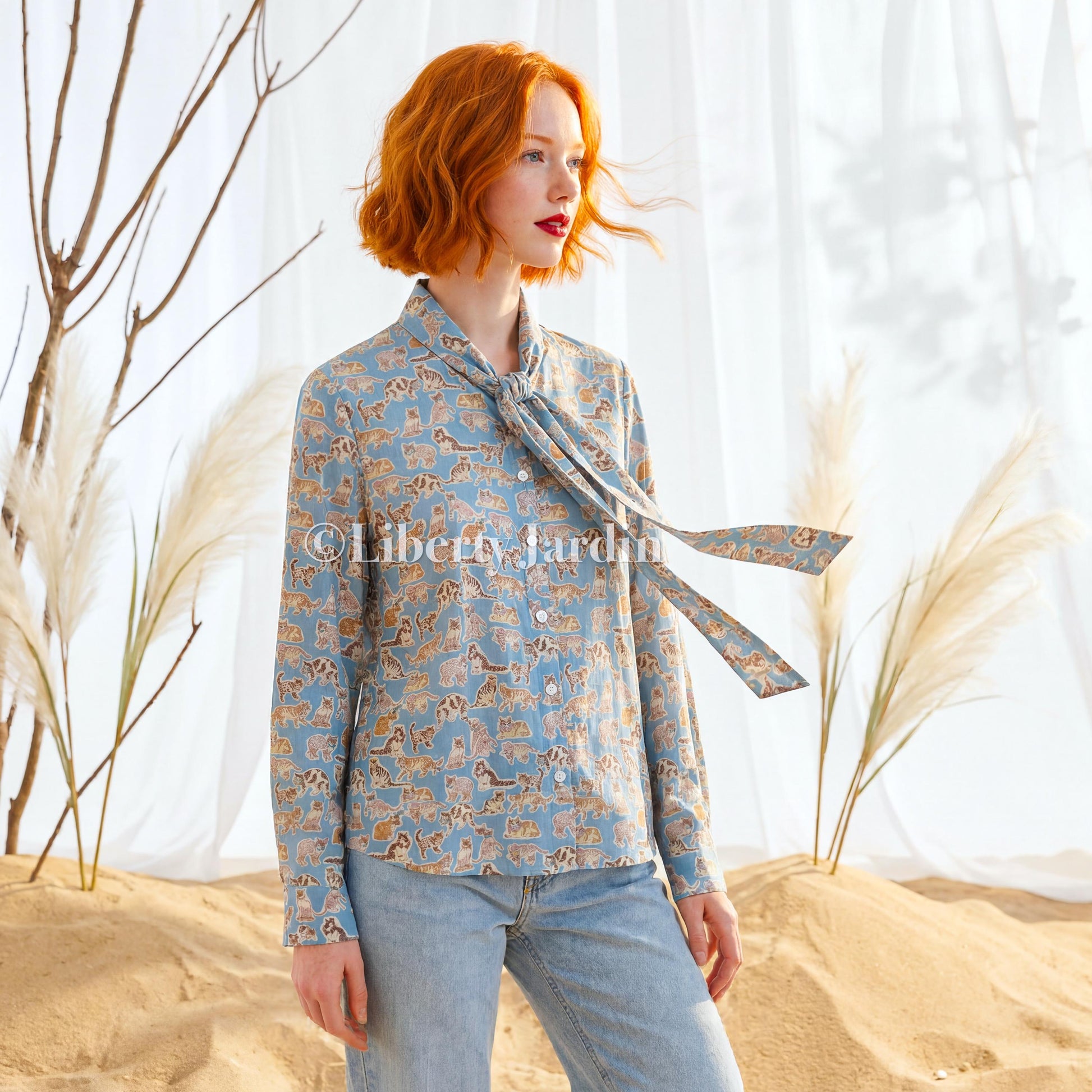 Long Sleeves Pussy Bow Blouse, Handmade Woman Shirt, Custom Made Top With Liberty London Fabric