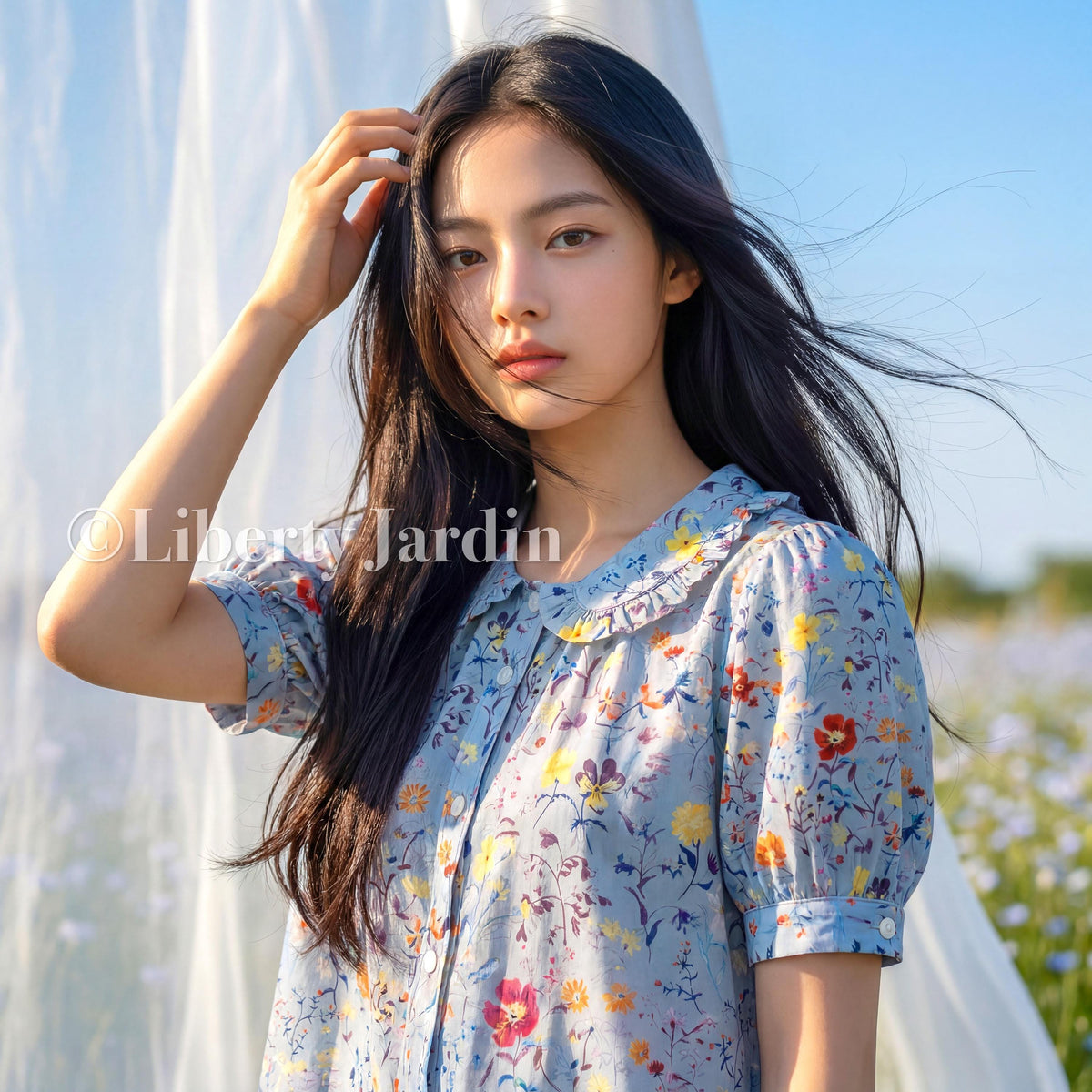 Peter Pan Collar Blouse Made With Liberty London Fabric, Short Sleeves, Botanical Floral Print