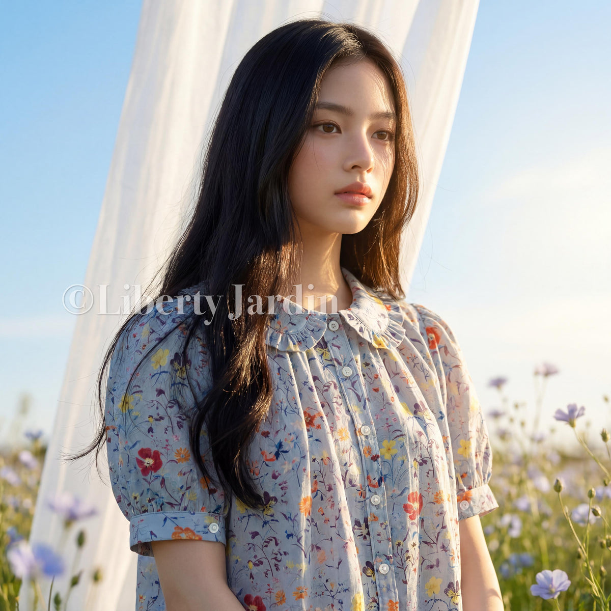 Peter Pan Collar Blouse Made With Liberty London Fabric, Short Sleeves, Botanical Floral Print