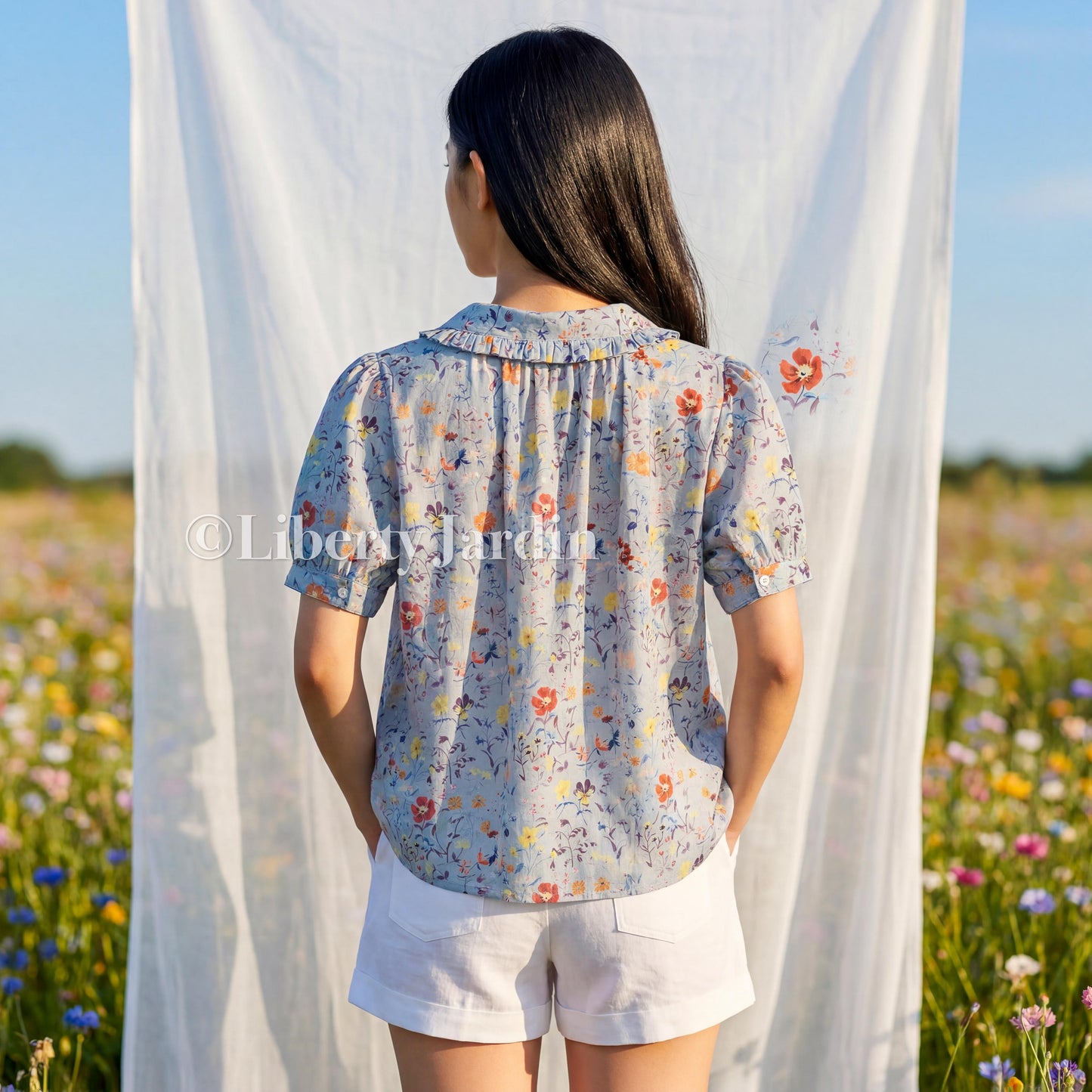 Peter Pan Collar Blouse Made With Liberty London Fabric, Short Sleeves, Botanical Floral Print