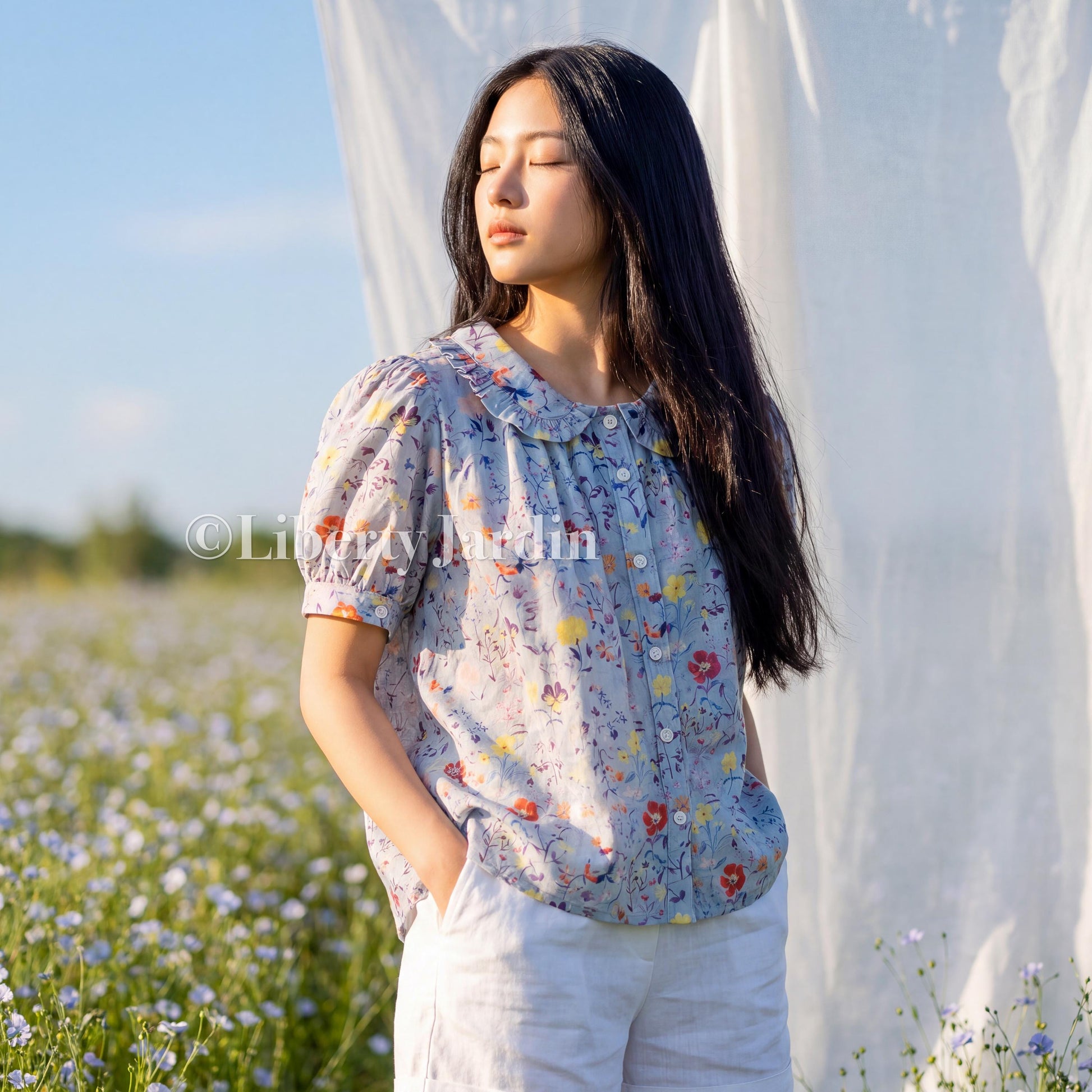 Peter Pan Collar Blouse Made With Liberty London Fabric, Short Sleeves, Botanical Floral Print