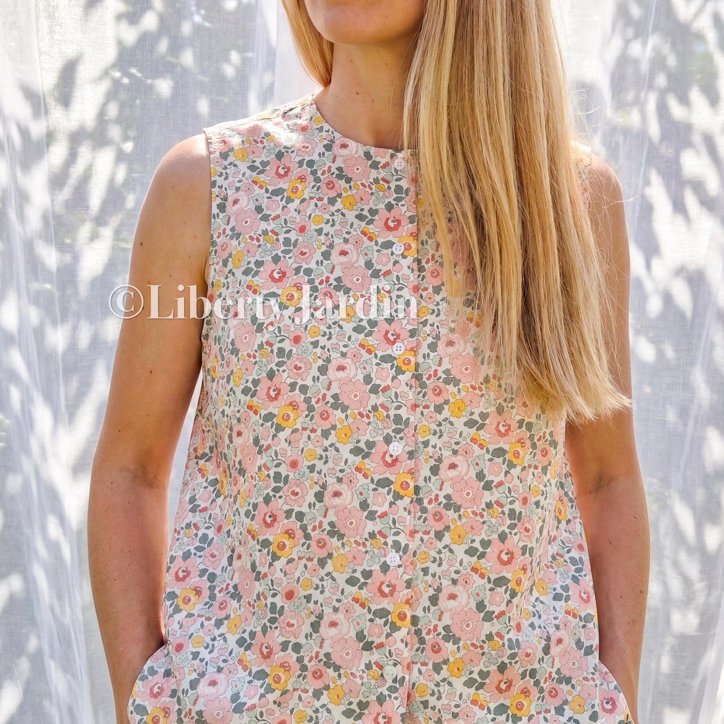 Liberty London Botanical Cotton Blouse, Sleeveless Button-Up Top, Bespoke Tailoring Shirt, Botanical Handmade Clothing