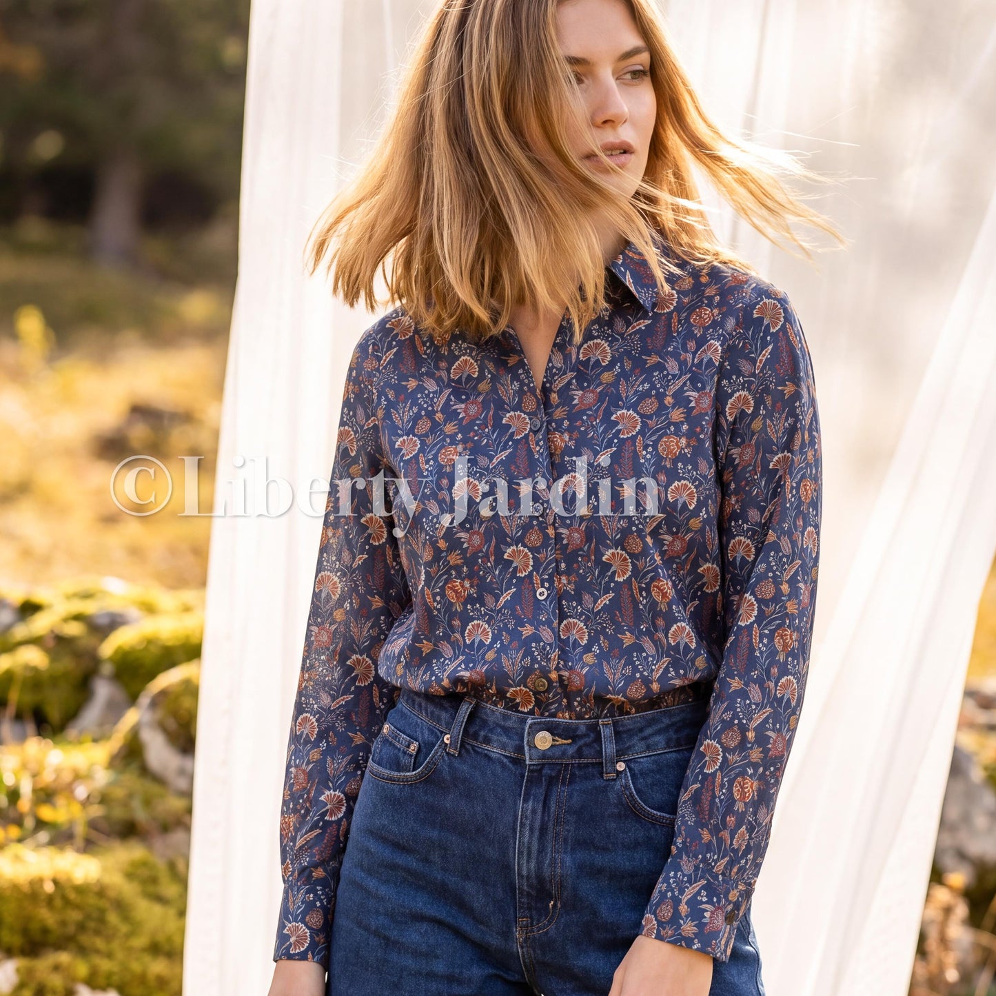 Handmade Liberty London Long Sleeves Shirt, Button-up Cotton Fabric Blouse, Botanical Floral Print Top