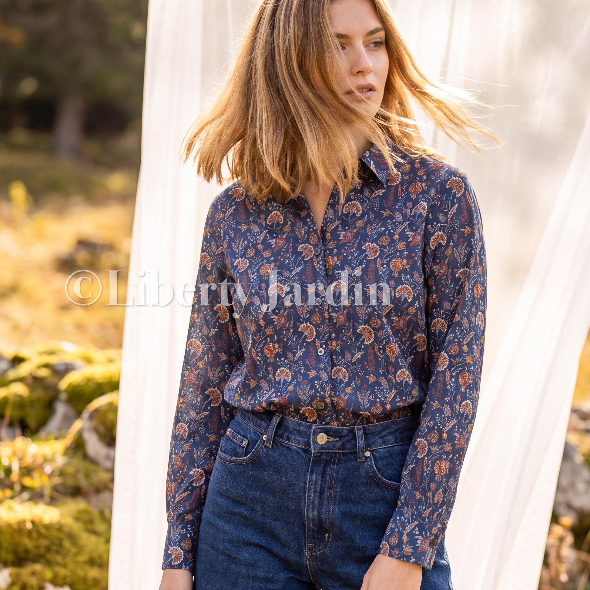 Handmade Liberty London Long Sleeves Shirt, Button-up Cotton Fabric Blouse, Botanical Floral Print Top