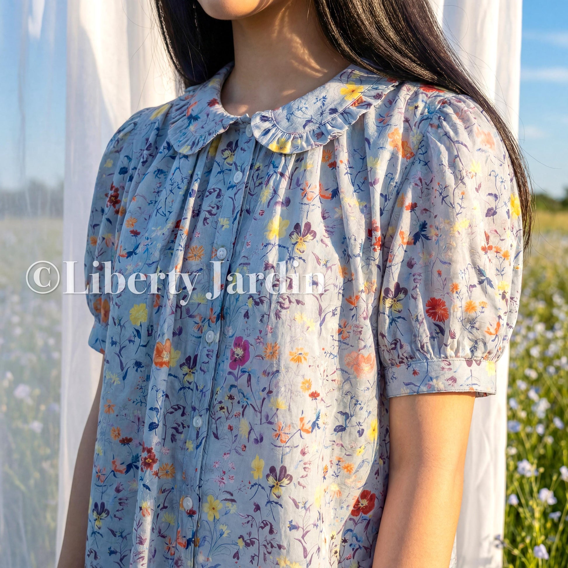 Peter Pan Collar Blouse Made With Liberty London Fabric, Short Sleeves, Botanical Floral Print