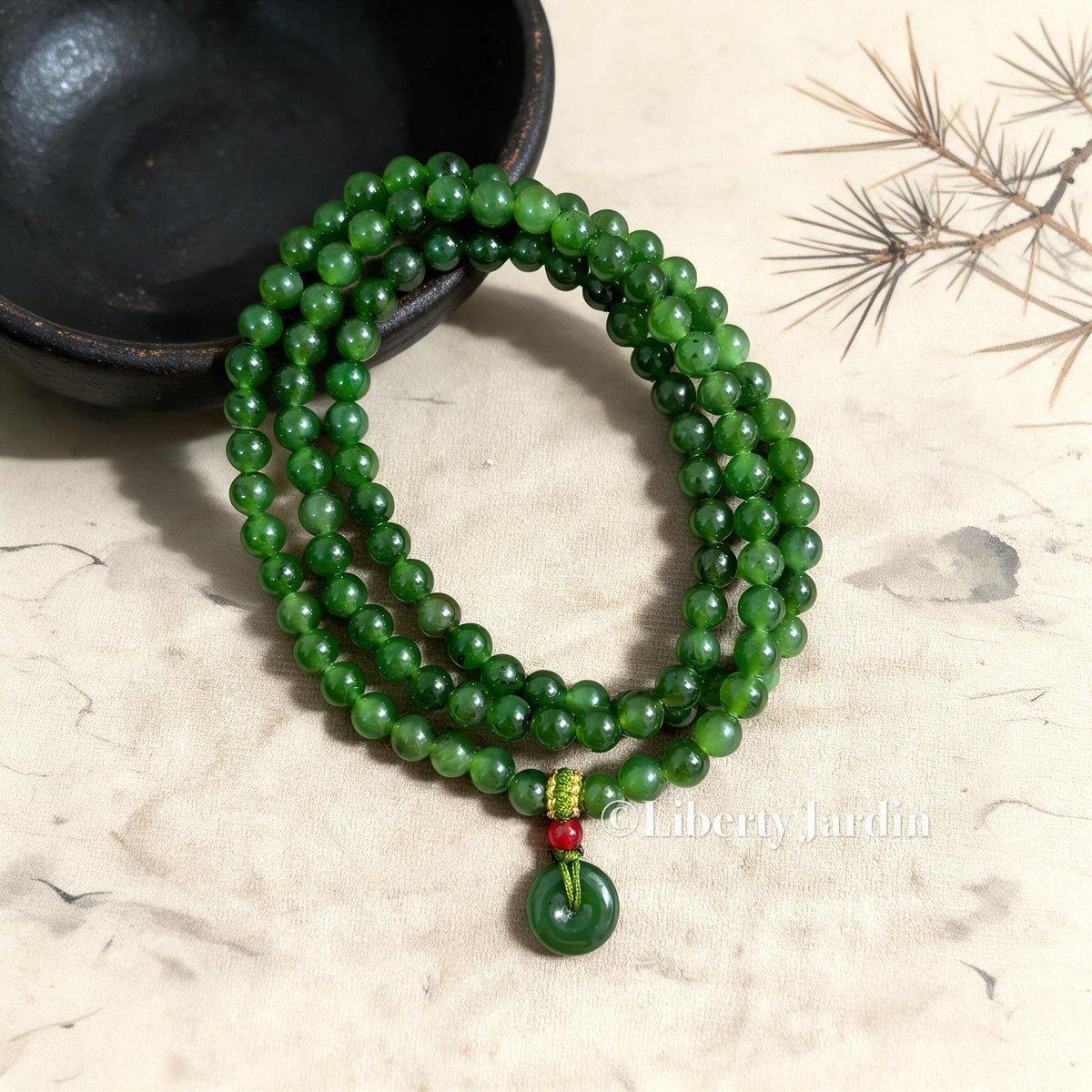Russian Green Nephrite Jade Beaded Necklace, Natural Stone Accessories, Handmade Certified Men Women Jewellery