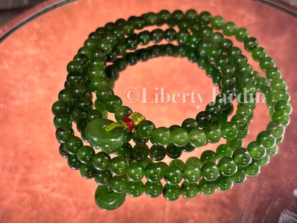 Russian Green Nephrite Jade Beaded Necklace, Natural Stone Accessories, Handmade Certified Men Women Jewellery