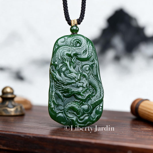 Russian Nephrite Dragon Necklace, Untreated Gemstone Jewellery, Green Natural Ornament, Sustainable Handmade Men Accessories