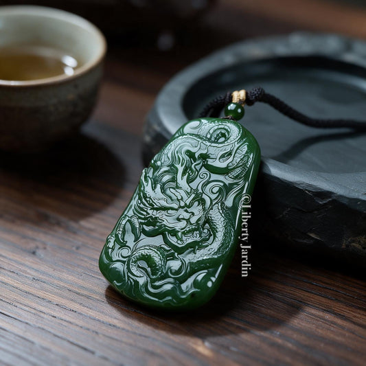 Russian Nephrite Dragon Necklace, Untreated Gemstone Jewellery, Green Natural Ornament, Sustainable Handmade Men Accessories
