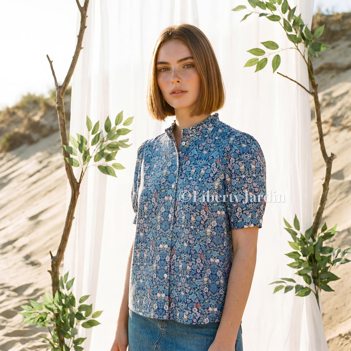 Liberty London Ruffle Collared Blouse, Short-sleeved Cotton Button-up Shirt, Handmade Botanical Womenswear, Personalised Chemise