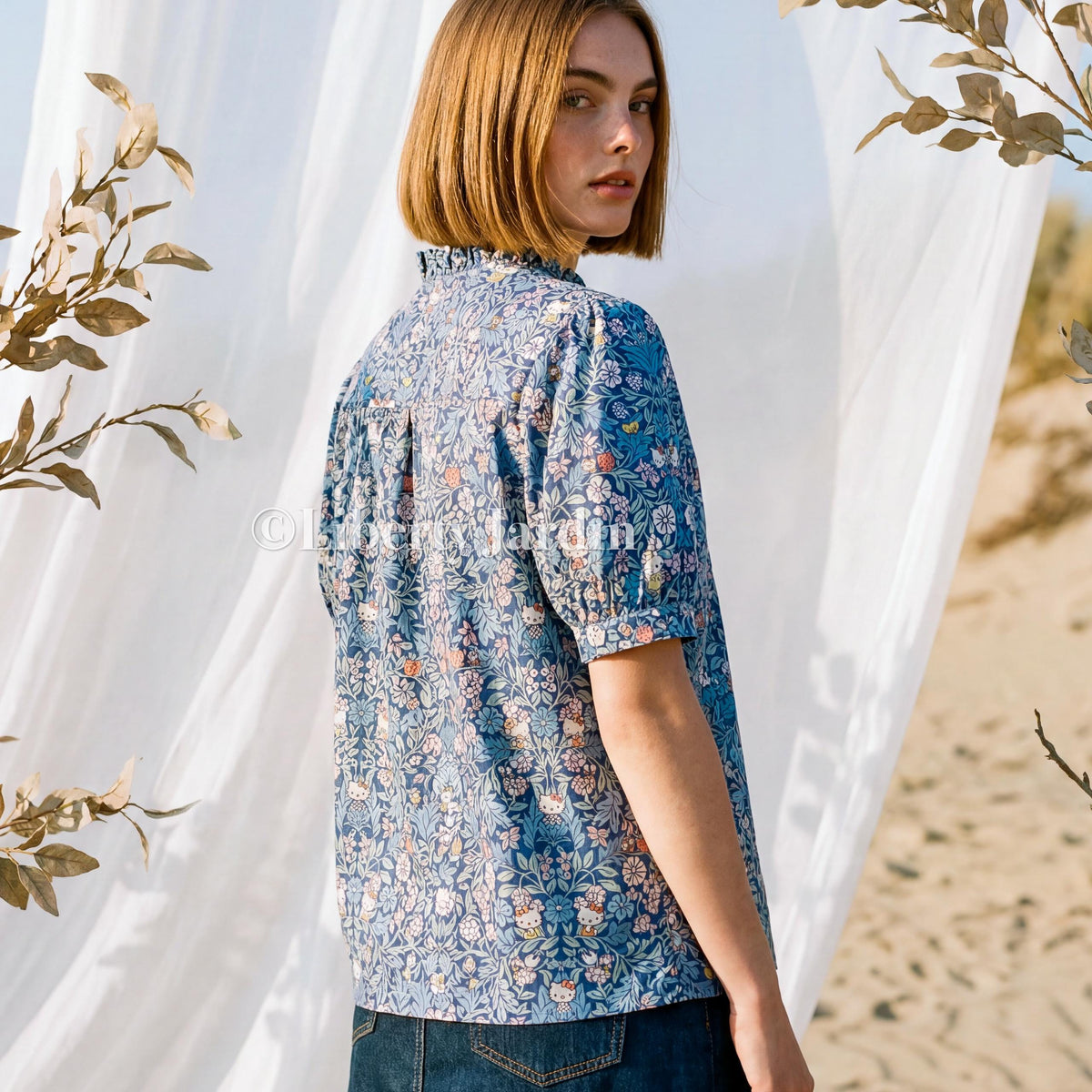 Liberty London Ruffle Collared Blouse, Short-sleeved Cotton Button-up Shirt, Handmade Botanical Womenswear, Personalised Chemise