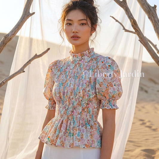 Liberty London Smock-Shirred Peplum Top, Ruffle-collared Handmade Blouse, Sustainable Ethical Clothing, Floral-print Cotton Womenswear