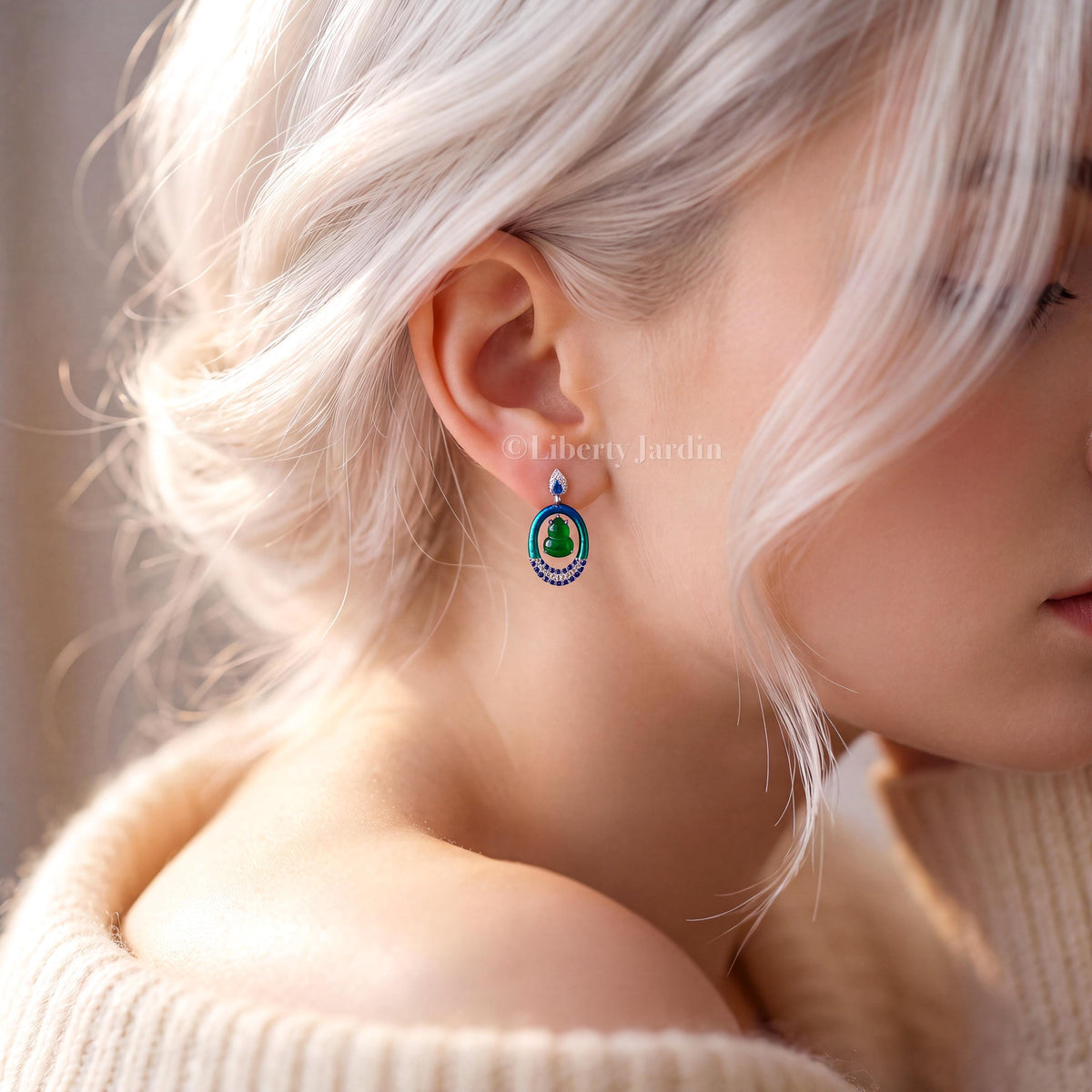 Natural Jadeite Earrings, Vivid Icy Green Guatemalan, Lab-grown Sapphire Diamonds, Sustainable Untreated Certified Gemstone