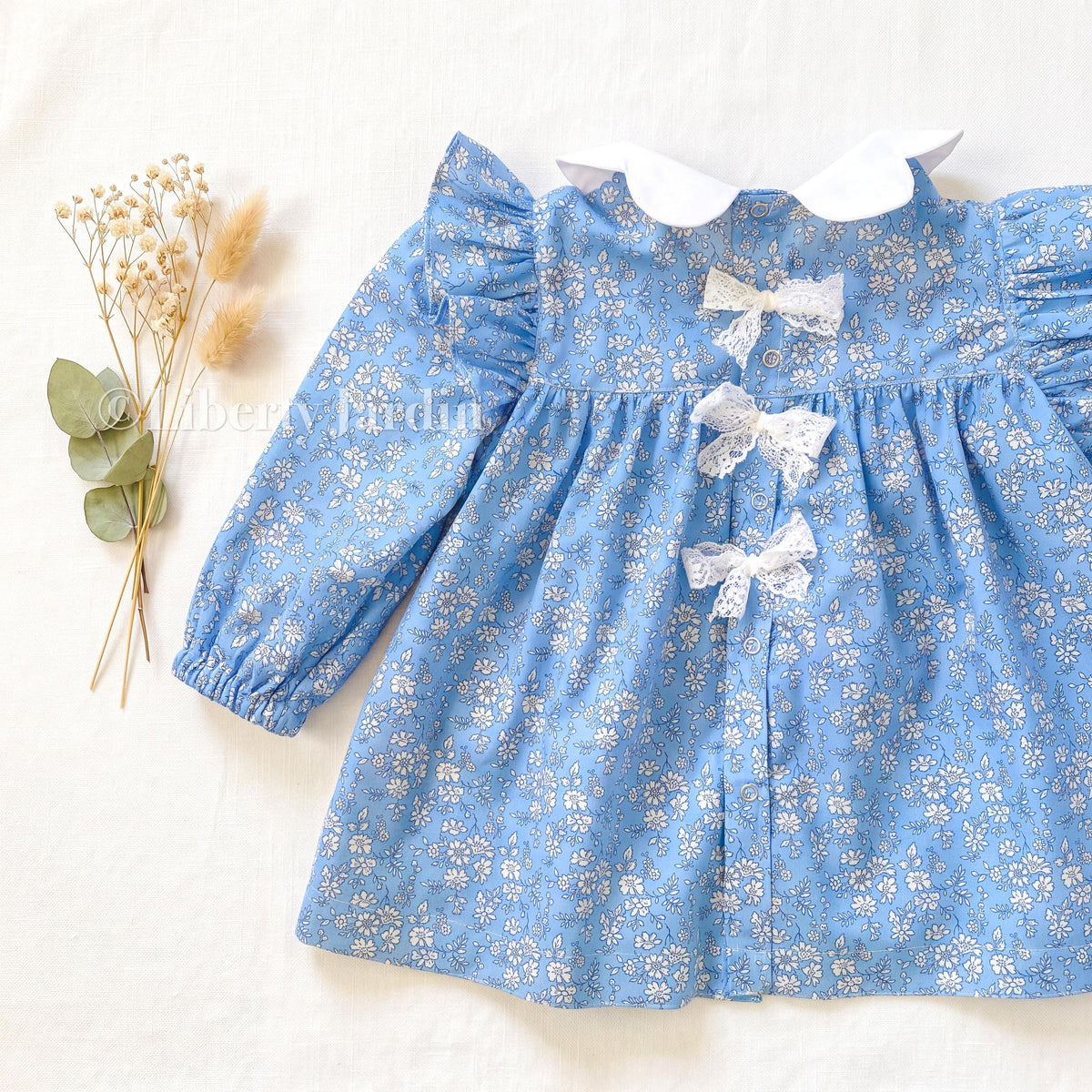 Liberty London Long Sleeves Blouse, Scalloped Collared Babydoll Top, Ruffle Ditsy Floral Print Shirt