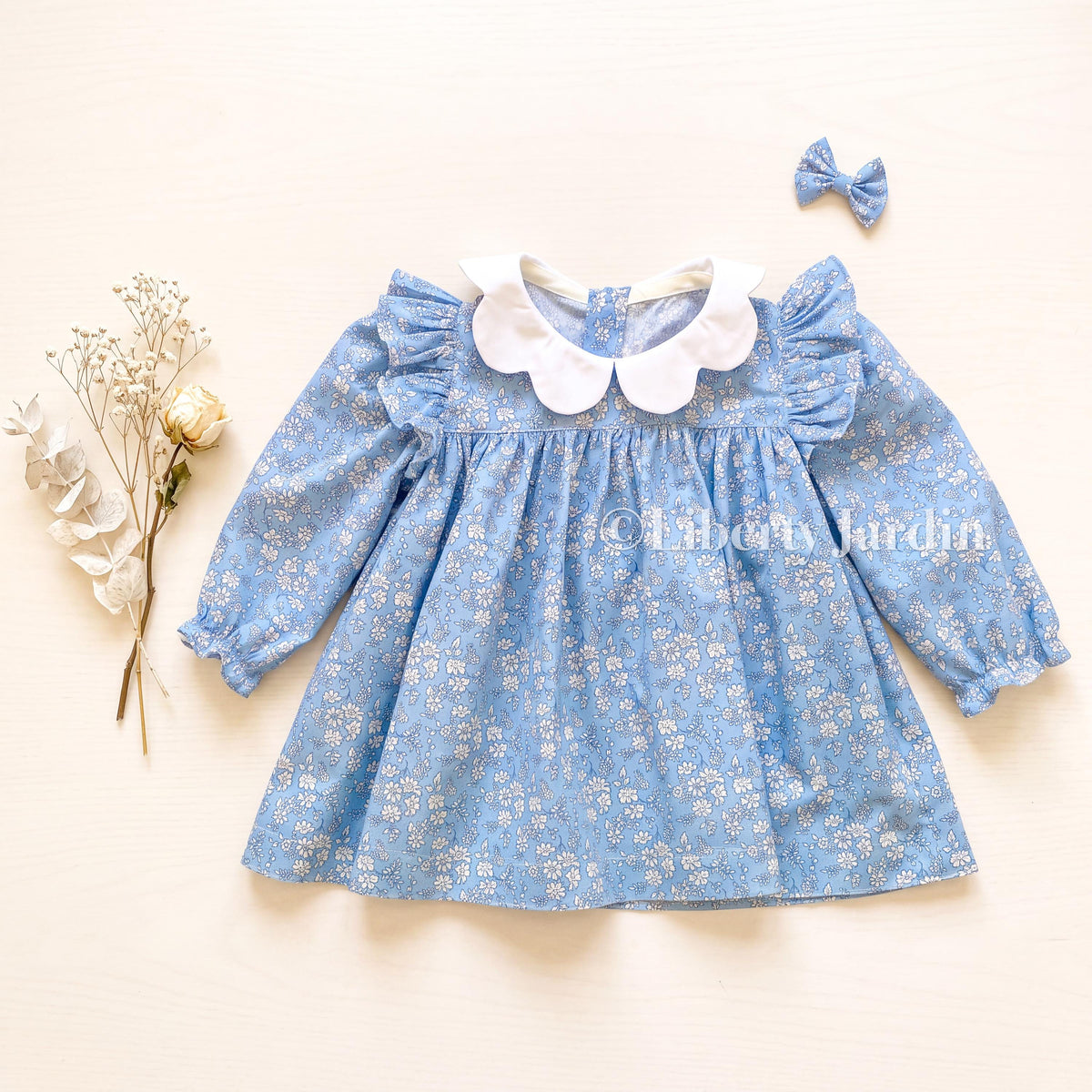 Liberty London Long Sleeves Blouse, Scalloped Collared Babydoll Top, Ruffle Ditsy Floral Print Shirt