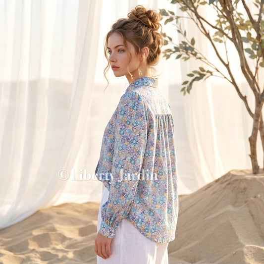 Liberty London Gather Blouse, Long Sleeves Button-Up Shirt, Collared Handmade Chemise, Botanical Personalised Clothing