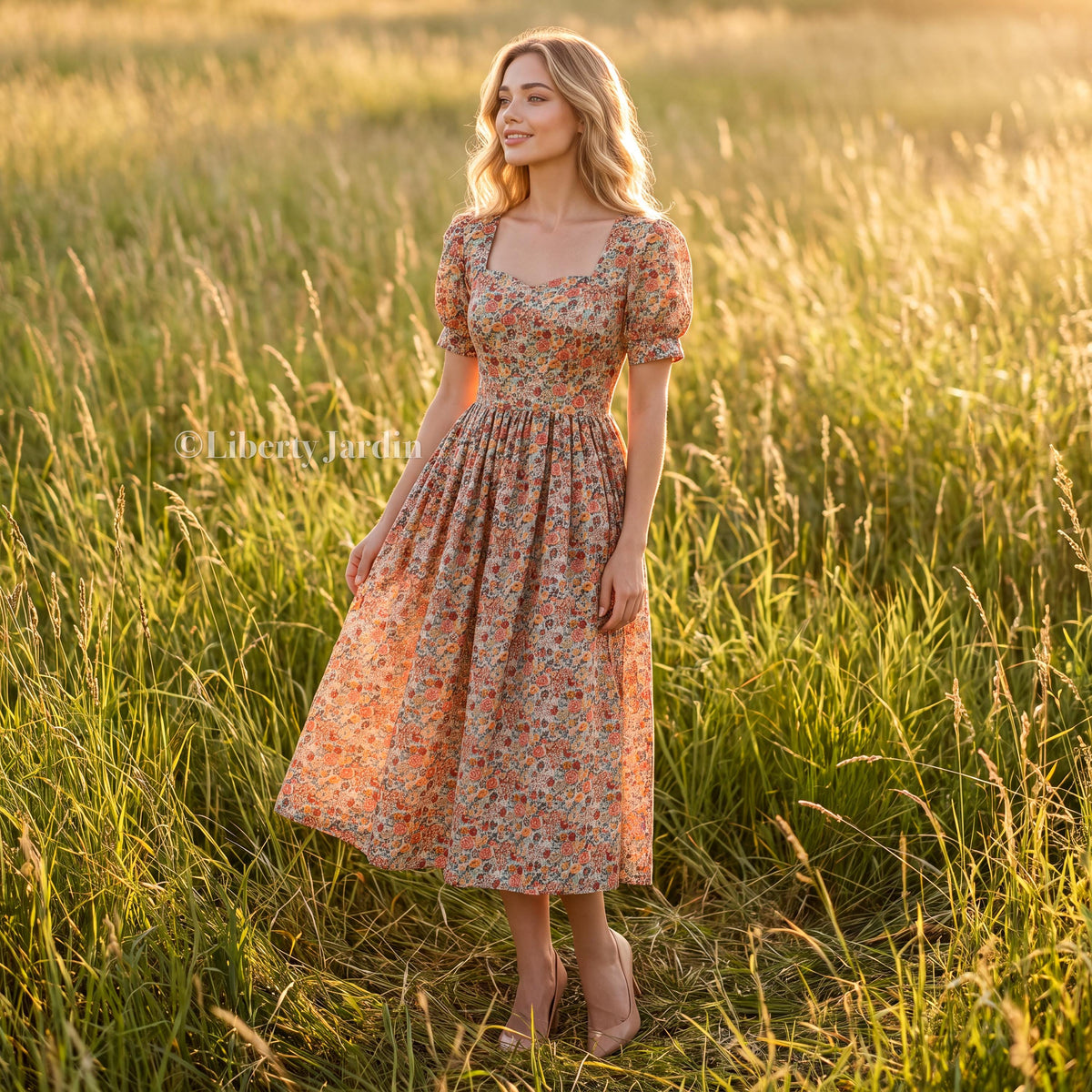 Liberty London Sweetheart Neckline Wedding Dress, Botanical Gown, Puffed Short-sleeved Bespoke Clothes, Personalised Occasion