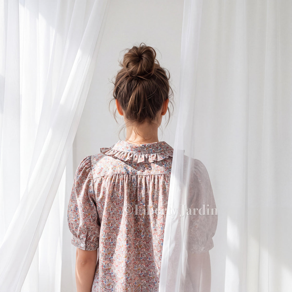 Liberty London Frilled Peter-Pan Collared Handmade Blouse, Button-up Puffed-Sleeves Chemise, Sustainable Tailoring Versatile Shirt
