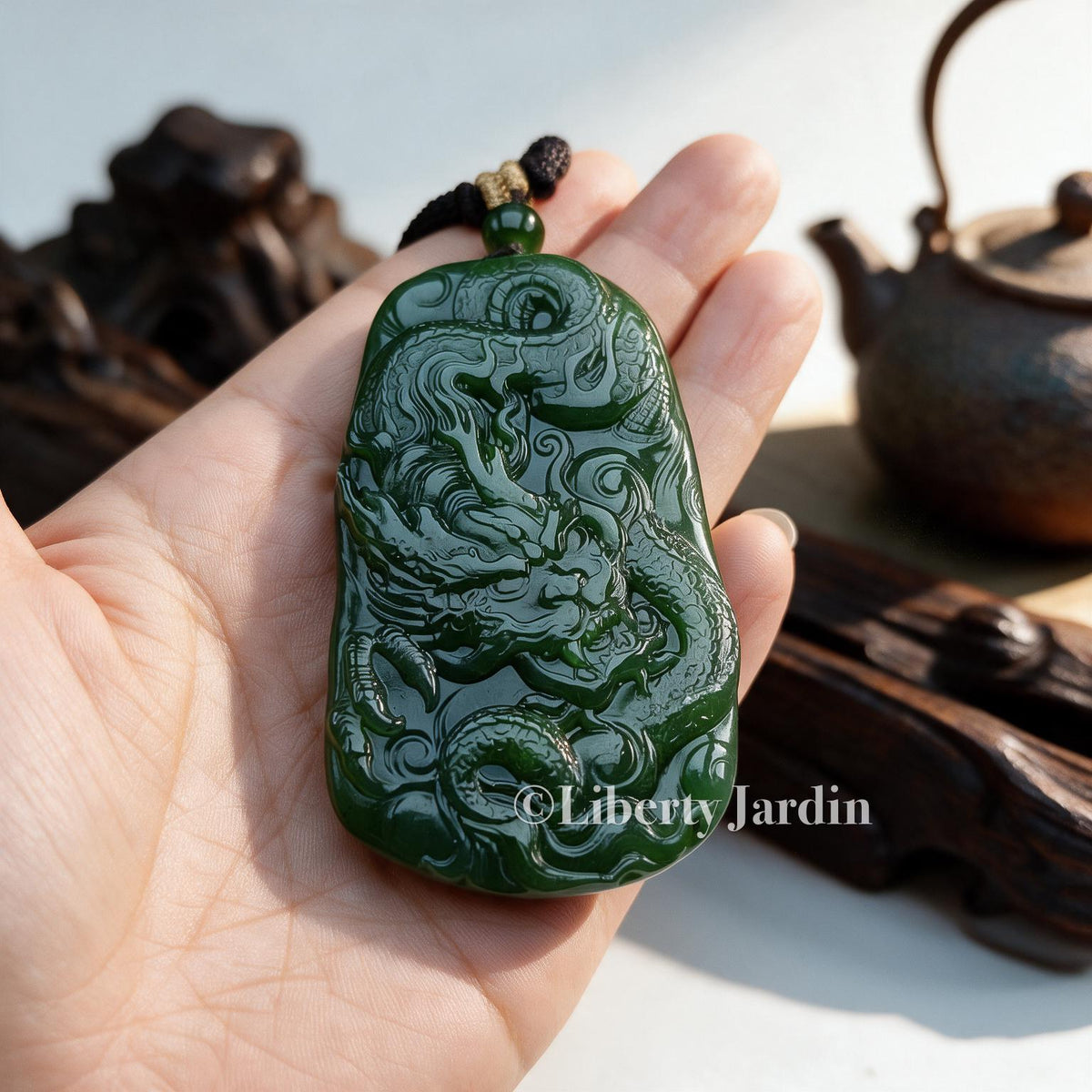 Russian Nephrite Dragon Necklace, Untreated Gemstone Jewellery, Green Natural Ornament, Sustainable Handmade Men Accessories