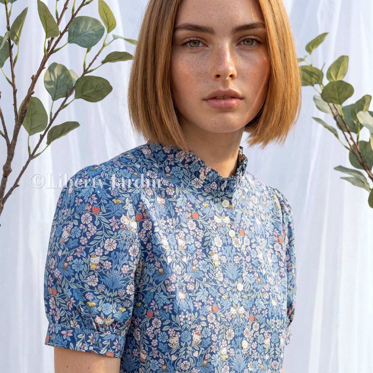 Liberty London Ruffle Collared Blouse, Short-sleeved Cotton Button-up Shirt, Handmade Botanical Womenswear, Personalised Chemise