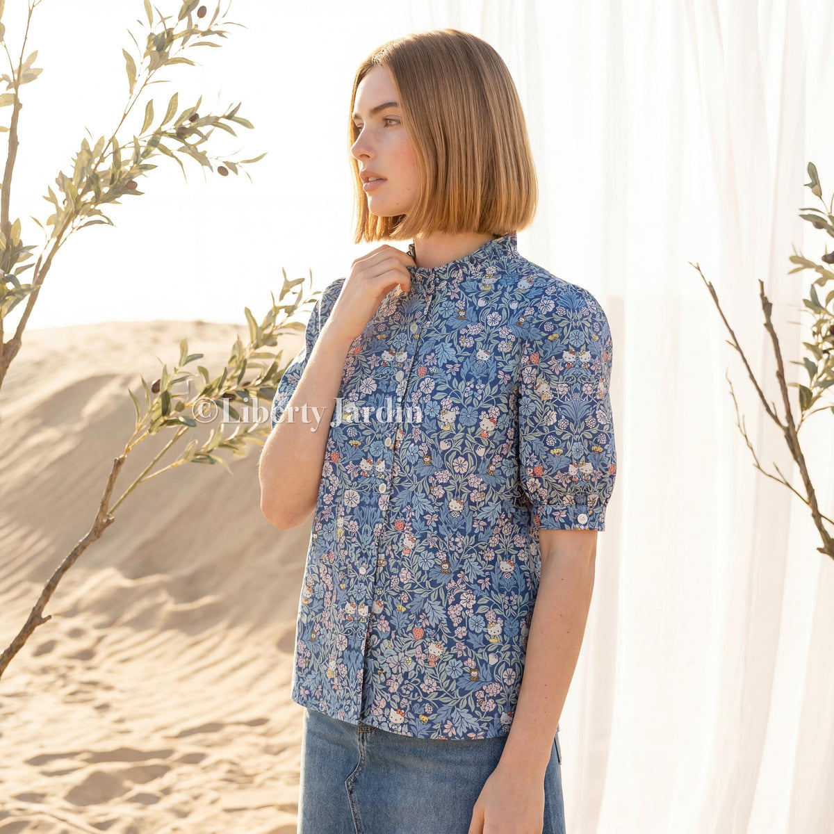 Liberty London Ruffle Collared Blouse, Short-sleeved Cotton Button-up Shirt, Handmade Botanical Womenswear, Personalised Chemise