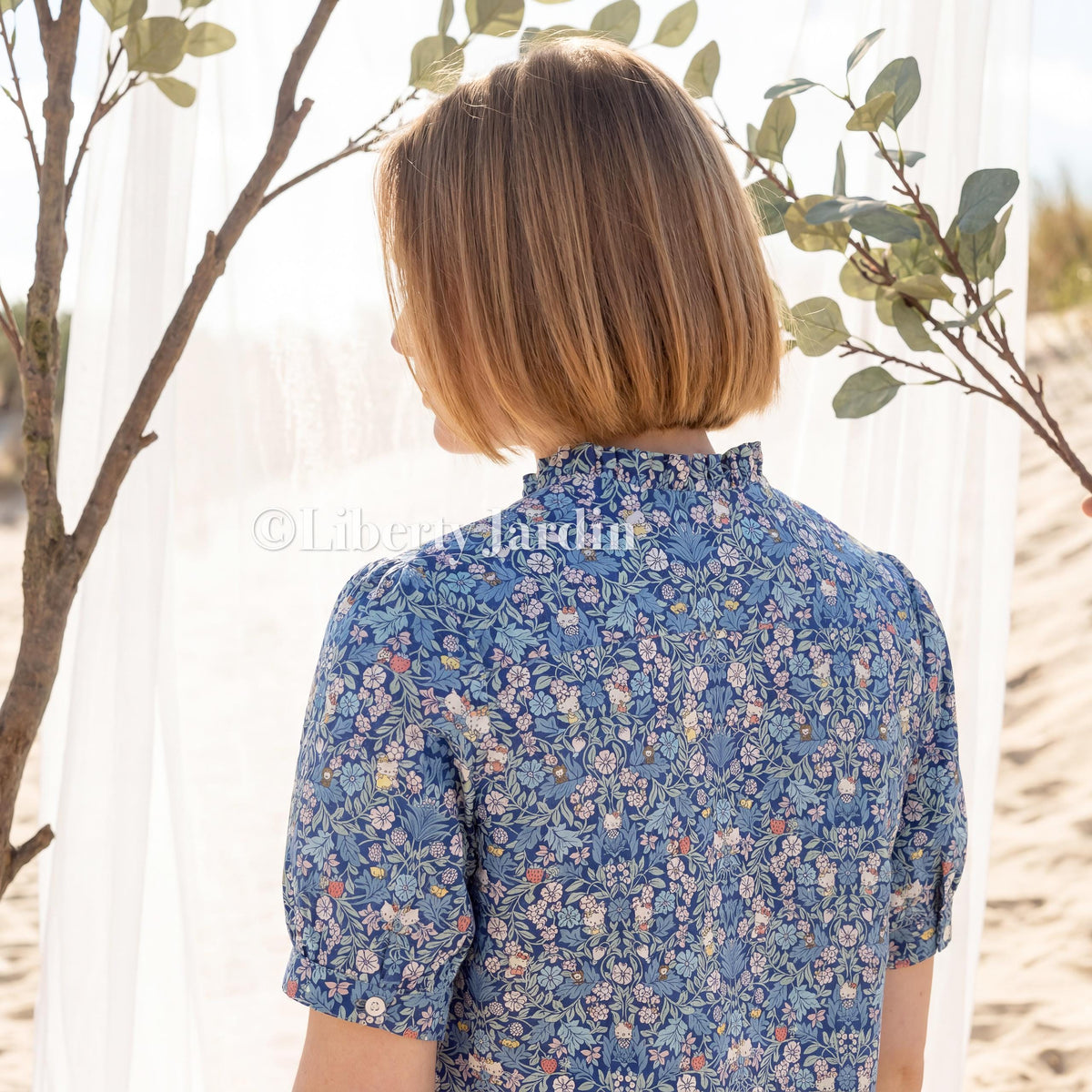 Liberty London Ruffle Collared Blouse, Short-sleeved Cotton Button-up Shirt, Handmade Botanical Womenswear, Personalised Chemise