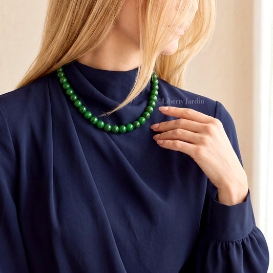 Russian Natural Nephrite Jade Necklace, Rich Green 10mm Beads, Anniversary Special Occasion, Woman Jadeite Jewellery