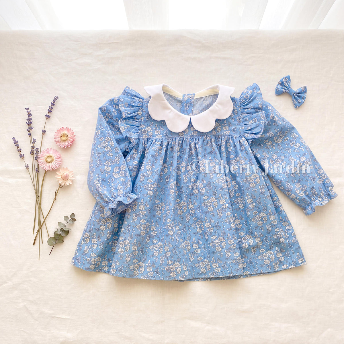 Liberty London Long Sleeves Blouse, Scalloped Collared Babydoll Top, Ruffle Ditsy Floral Print Shirt