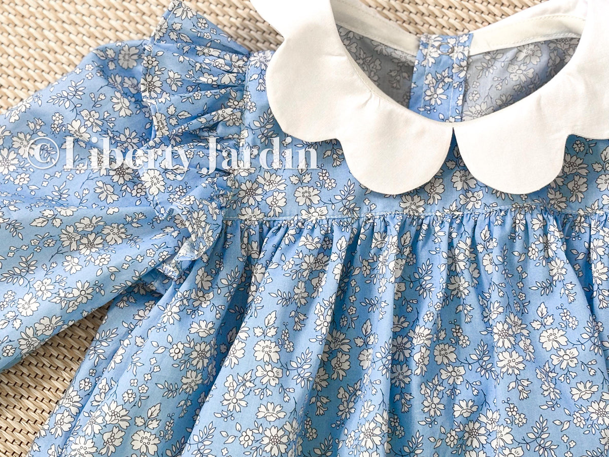 Liberty London Long Sleeves Blouse, Scalloped Collared Babydoll Top, Ruffle Ditsy Floral Print Shirt