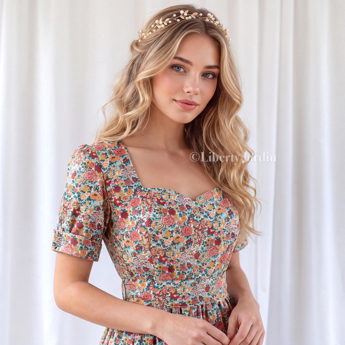 Liberty London Sweetheart Neckline Wedding Dress, Botanical Gown, Puffed Short-sleeved Bespoke Clothes, Personalised Occasion