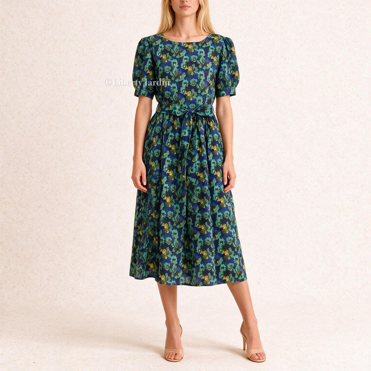 Liberty London Smock Puffed-Sleeves Midi-Length Sun Dress, Sustainable Handmade Womenswear, Botanical Floral-print Cotton Clothing