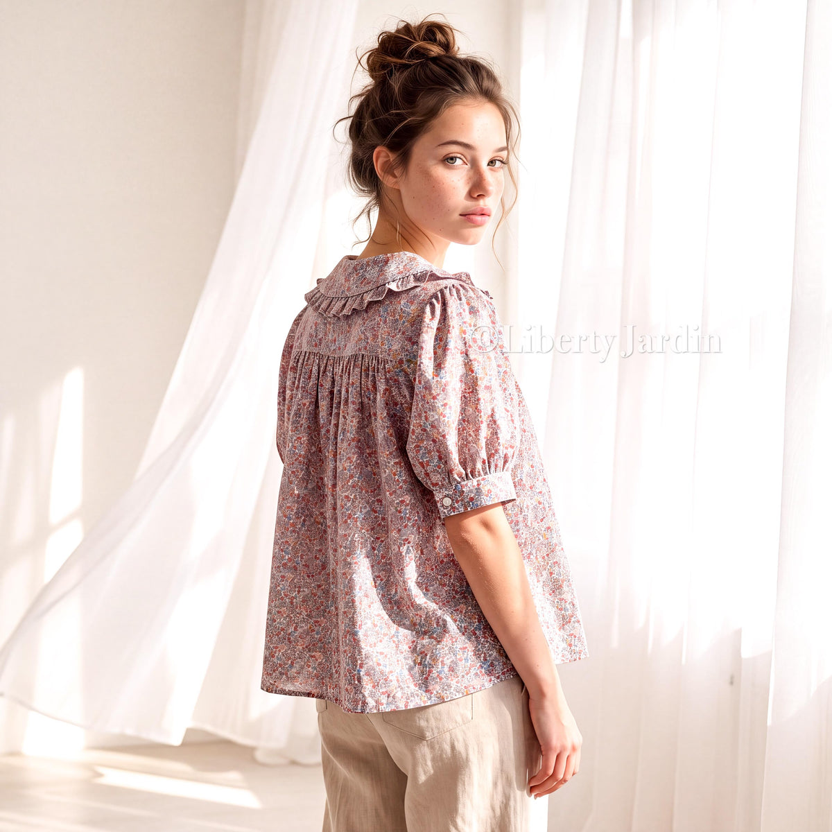 Liberty London Frilled Peter-Pan Collared Handmade Blouse, Button-up Puffed-Sleeves Chemise, Sustainable Tailoring Versatile Shirt