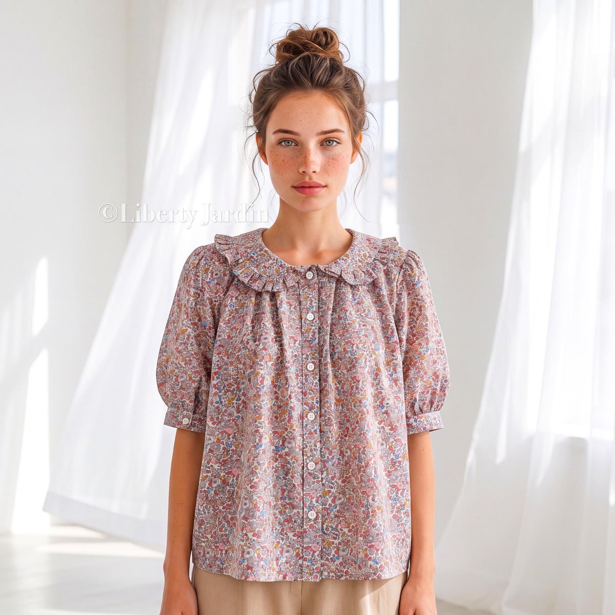 Liberty London Frilled Peter-Pan Collared Handmade Blouse, Button-up Puffed-Sleeves Chemise, Sustainable Tailoring Versatile Shirt