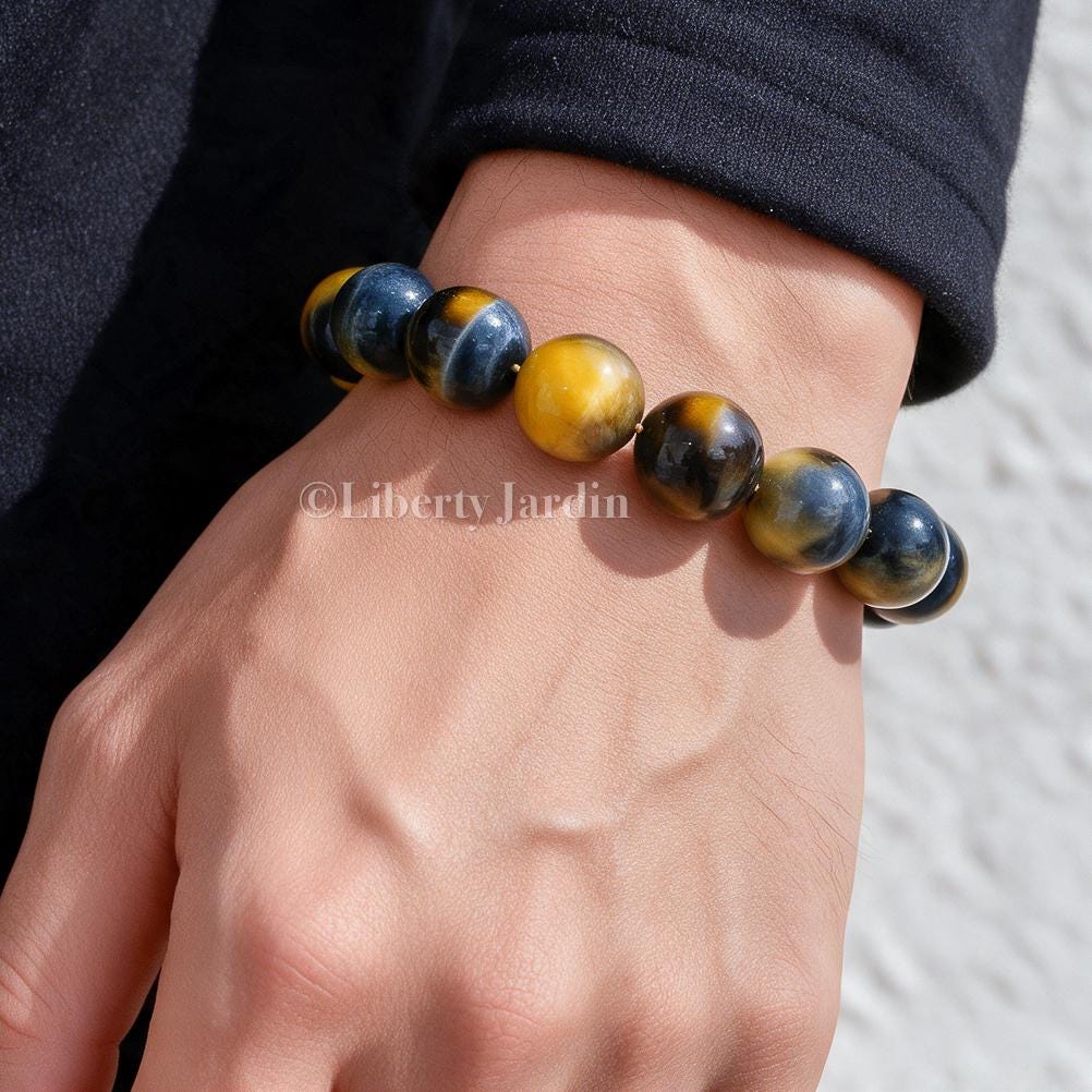 Tiger's Eyes 14mm Beaded Bracelet, Amber-brown Quartz Gemstone, Birthstone Handmade Accessories, Personalised Statement Jewellery
