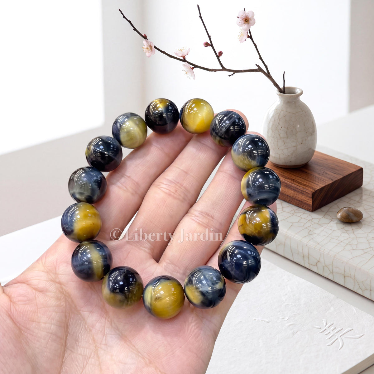 Tiger's Eyes 14mm Beaded Bracelet, Amber-brown Quartz Gemstone, Birthstone Handmade Accessories, Personalised Statement Jewellery
