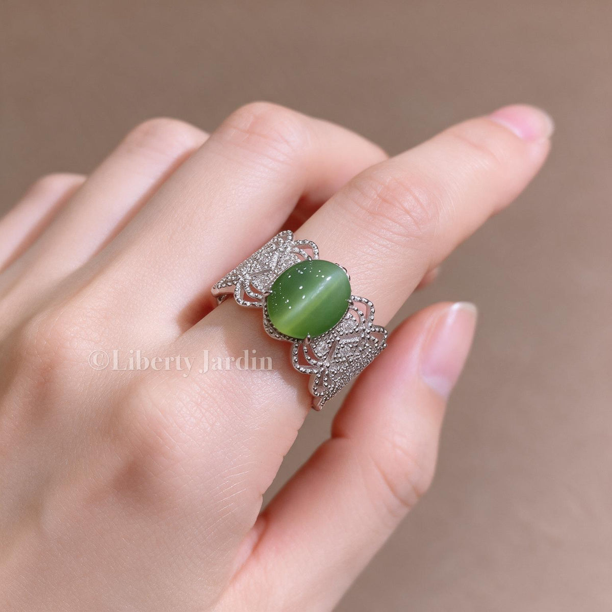 Cat-eyed Natural Nephrite Jade Adjustable Ring, Handmade Accessories, Non-treated Certified Gemstone, Statement Green Cabochon